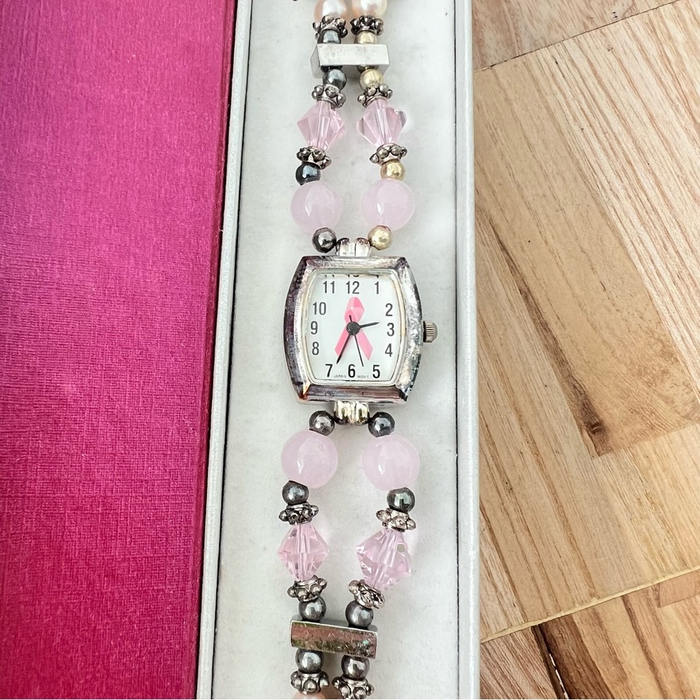 Breast cancer awareness pink silver tone bracelet watch NEW BATTERY